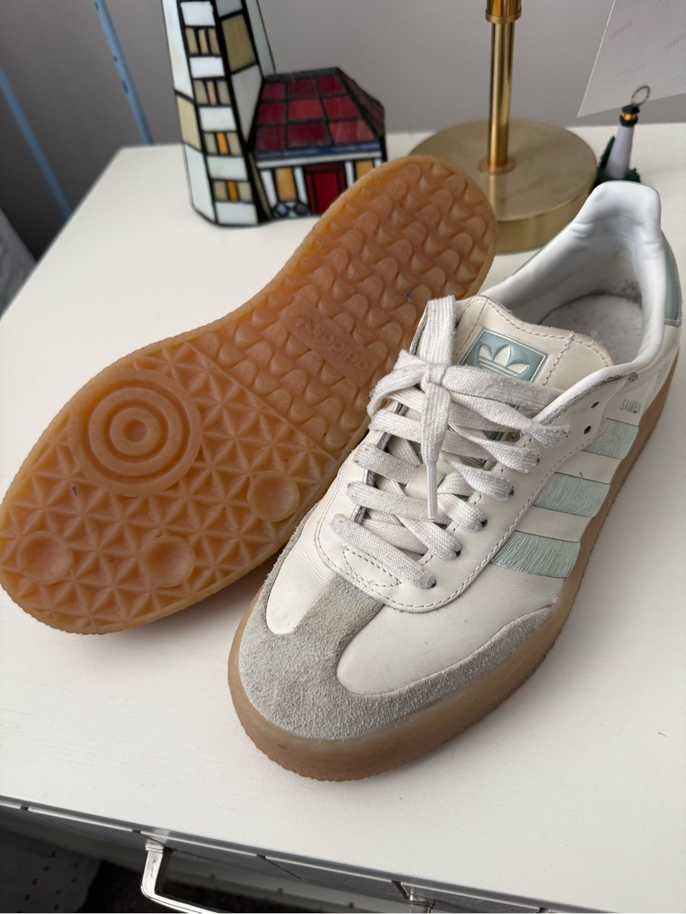 adidas Samba (Sambae) OG Sneakers - Off-White, Light Blue/Green & Gum platforms
